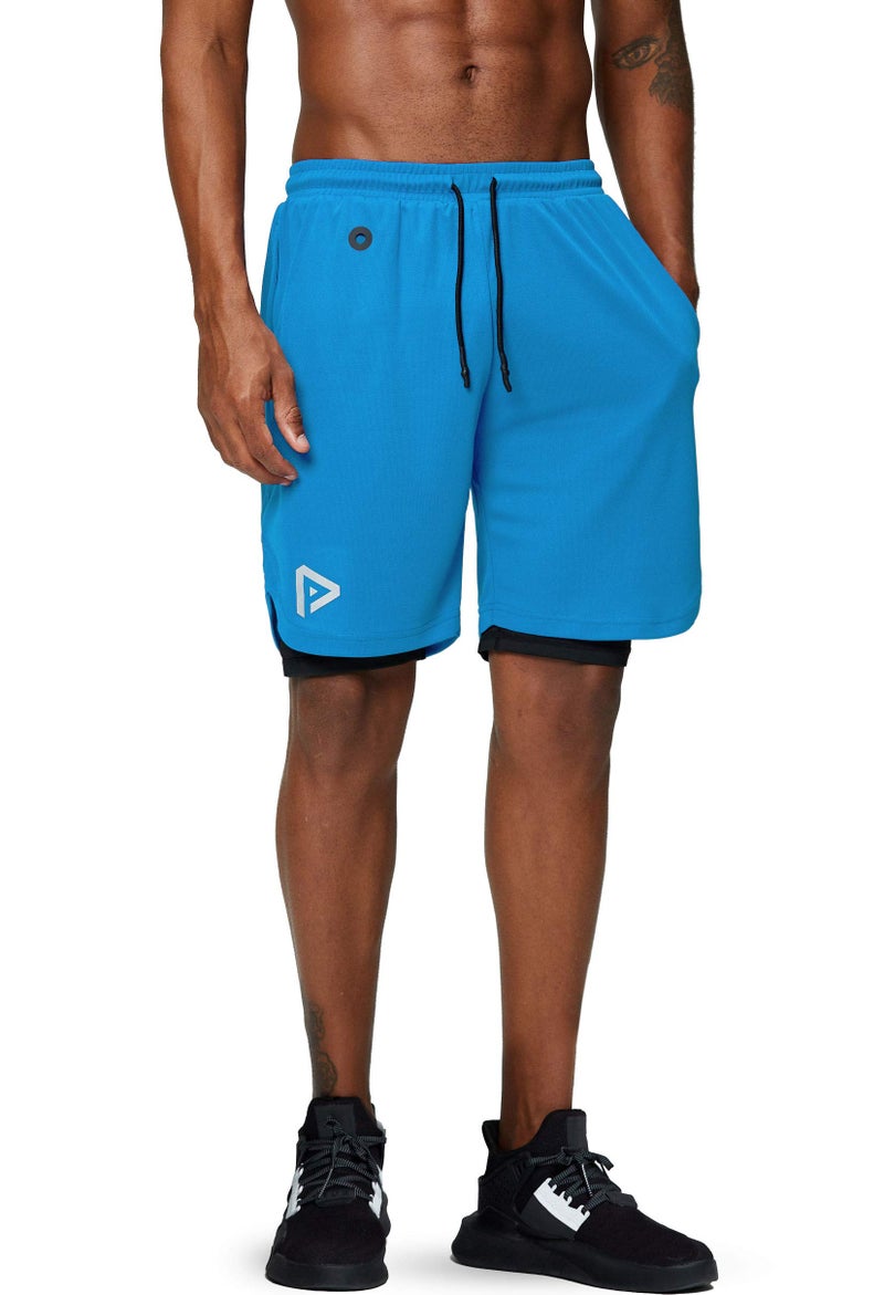 Pinkbomb Men's 2 in 1 Running Shorts Gym Workout Quick Dry Mens Shorts with Phone Pocket (Light Blue, Large - Image 2